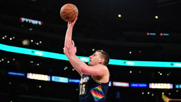 Apr 3, 2022; Los Angeles, California, USA; Denver Nuggets center Nikola Jokic (15) shoots against