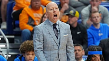 Mar 22, 2025; Lexington, KY, USA; UCLA Bruins head coach Mick Cronin reacts during the first half against the Tennessee Volunteers in the second round of the NCAA Tournament at Rupp Arena. Mandatory Credit: Aaron Doster-Imagn Images