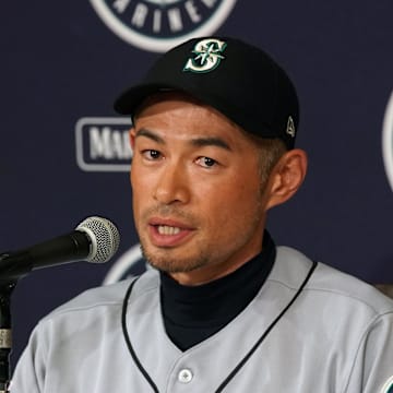 Seattle Mariners right fielder Ichiro Suzuki (51) speaks during a press conference after the game against the Oakland Athletics at Tokyo Dome in 2019. 