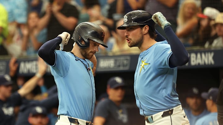 Aug 18, 2024; St. Petersburg, Florida, USA;  Tampa Bay Rays designated hitter Brandon Lowe (8) is congratulated by outfielder Josh Lowe (15) after he hit a 2-run home run against the Arizona Diamondbacks during the third inning at Tropicana Field. Mandatory Credit: Kim Klement Neitzel-Imagn Images