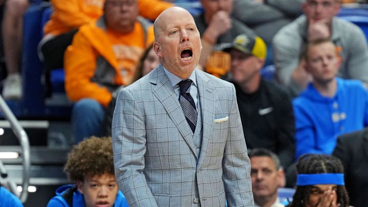 Mar 22, 2025; Lexington, KY, USA; UCLA Bruins head coach Mick Cronin reacts during the first half against the Tennessee Volunteers in the second round of the NCAA Tournament at Rupp Arena. Mandatory Credit: Aaron Doster-Imagn Images