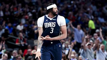 Apr 2, 2025; Dallas, Texas, USA;  Dallas Mavericks forward Anthony Davis (3) reacts after scoring against the Atlanta Hawks during the third quarter at American Airlines Center. Mandatory Credit: Kevin Jairaj-Imagn Images