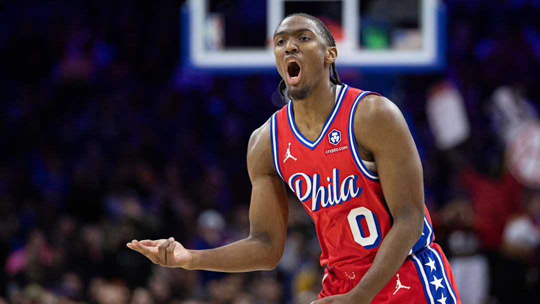 Jan 24, 2025; Philadelphia, Pennsylvania, USA; Philadelphia 76ers guard Tyrese Maxey (0) reacts to a play against the Cleveland Cavaliers during the fourth quarter at Wells Fargo Center. Mandatory Credit: Bill Streicher-Imagn Images