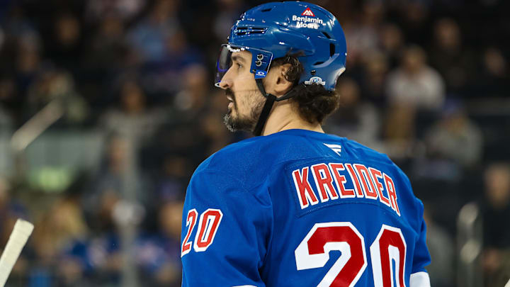 Mar 22, 2025; New York, New York, USA; New York Rangers left wing Chris Kreider (20) skates against the Vancouver Canucks during the third period at Madison Square Garden. Mandatory Credit: Danny Wild-Imagn Images