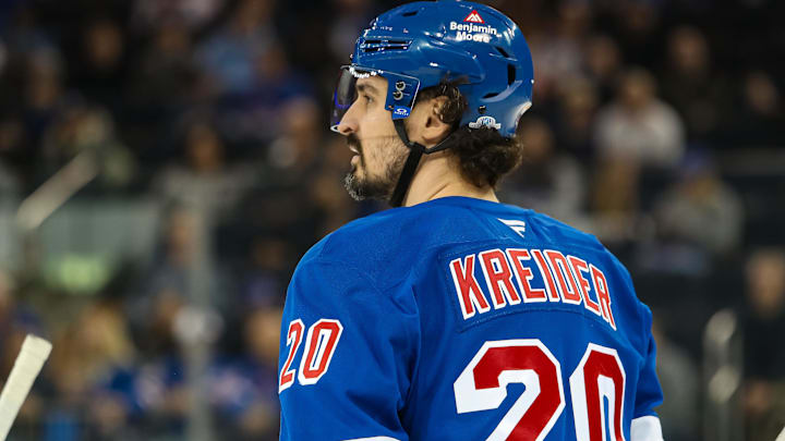 Mar 22, 2025; New York, New York, USA; New York Rangers left wing Chris Kreider (20) skates against the Vancouver Canucks during the third period at Madison Square Garden. Mandatory Credit: Danny Wild-Imagn Images