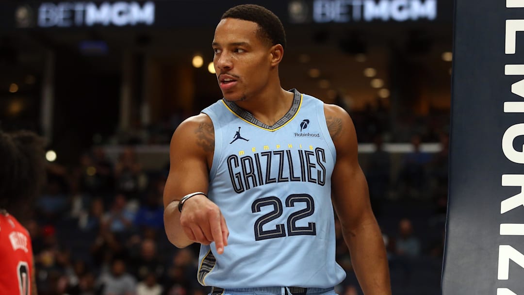 Oct 28, 2024; Memphis, Tennessee, USA; Memphis Grizzlies guard Desmond Bane (22) reacts after a basket during the first half against the Chicago Bulls at FedExForum. Mandatory Credit: Petre Thomas-Imagn Images