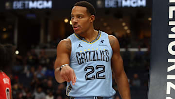 Oct 28, 2024; Memphis, Tennessee, USA; Memphis Grizzlies guard Desmond Bane (22) reacts after a basket during the first half against the Chicago Bulls at FedExForum. Mandatory Credit: Petre Thomas-Imagn Images