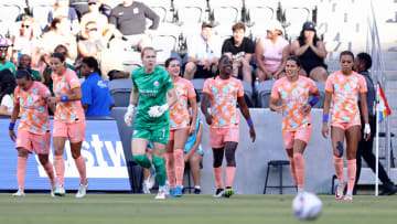 Jun 30, 2024; Los Angeles, California, USA; Orlando Pride forward Barbra Banda (22) celebrates after scoring a goal against Angel City FC during the second half at BMO Stadium. Mandatory Credit: Jessica Alcheh-USA TODAY Sports
