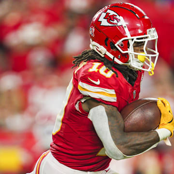 Sep 5, 2024; Kansas City, Missouri, USA; Kansas City Chiefs running back Isiah Pacheco (10) runs the ball during the second half against the Baltimore Ravens at GEHA Field at Arrowhead Stadium. Mandatory Credit: Jay Biggerstaff-Imagn Images