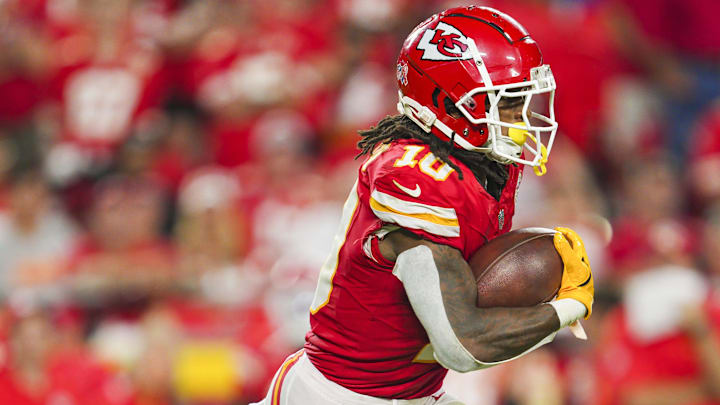 Sep 5, 2024; Kansas City, Missouri, USA; Kansas City Chiefs running back Isiah Pacheco (10) runs the ball during the second half against the Baltimore Ravens at GEHA Field at Arrowhead Stadium. Mandatory Credit: Jay Biggerstaff-Imagn Images