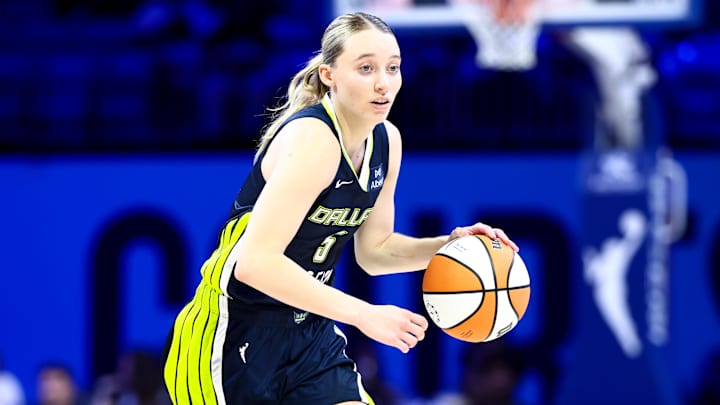 Jul 30, 2025; Arlington, Texas, USA; Dallas Wings guard Paige Bueckers (5) dribbles against the Atlanta Dream during the second half at College Park Center. Mandatory Credit: Kevin Jairaj-Imagn Images Jul 30, 2025; Arlington, Texas, USA; Dallas Wings guard Paige Bueckers (5) dribbles against the Atlanta Dream during the second half at College Park Center. Mandatory Credit: Kevin Jairaj-Imagn Images