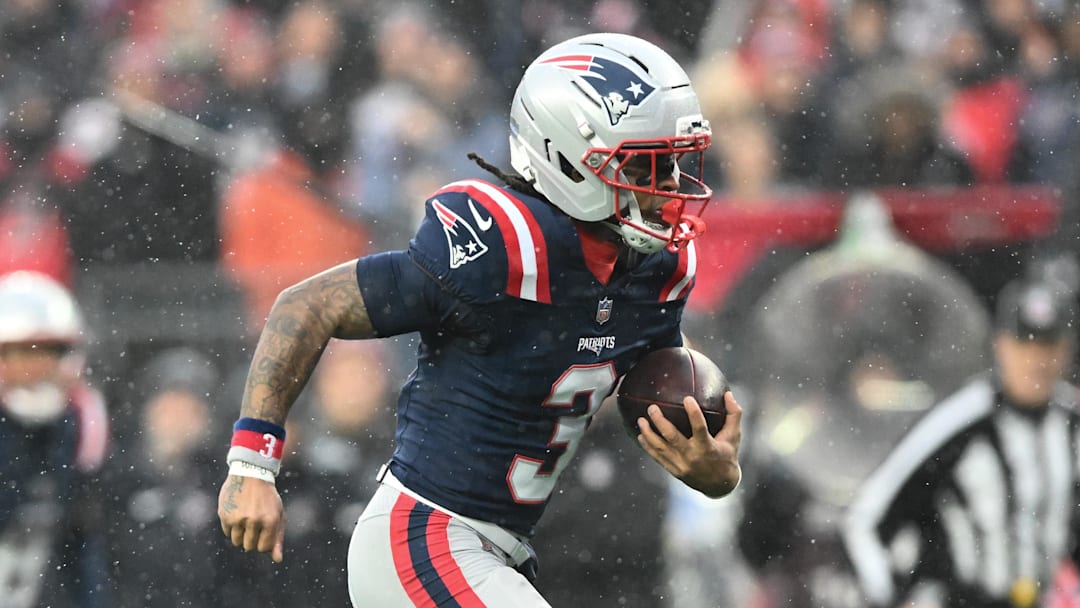 Jan 18, 2026; Foxborough, MA, USA; New England Patriots wide receiver DeMario Douglas (3) runs for a touchdown after a catch in the first quarter in an AFC Divisional Round game against the Houston Texans at Gillette Stadium. Mandatory Credit: Brian Fluharty-Imagn Images