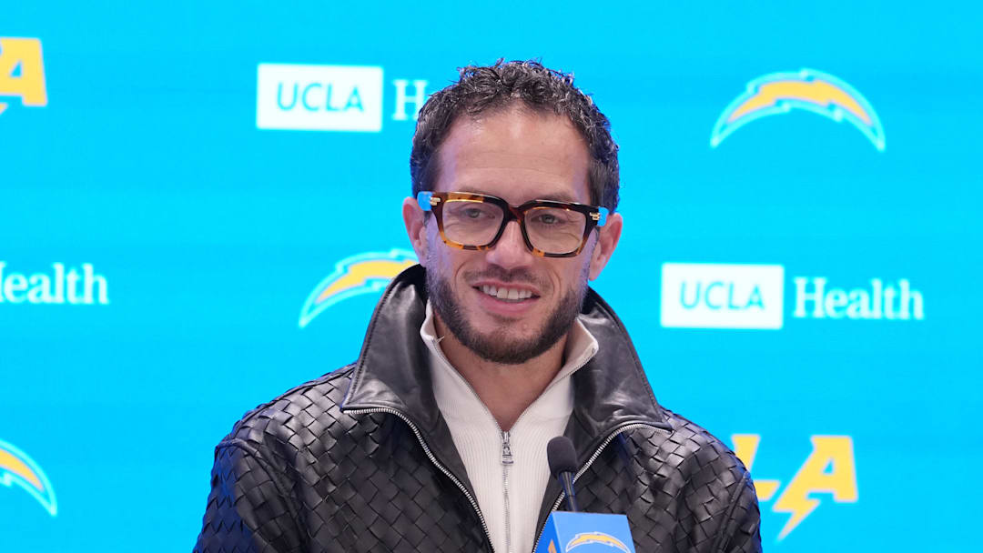 January 27, 2026; El Segundo, California, USA; Los Angeles Chargers offensive coordinator Mike McDaniel speaks at introductory press conference at The Bolt. Mandatory Credit: Kirby Lee-Imagn Images