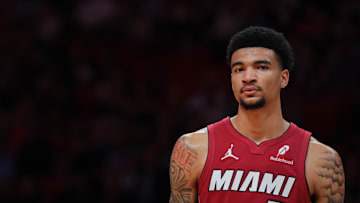 Jan 21, 2025; Miami, Florida, USA; Miami Heat center Kel'el Ware (7) looks on from the court against the Portland Trail Blazers during the first quarter at Kaseya Center. Mandatory Credit: Sam Navarro-Imagn Images