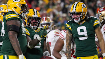 Green Bay Packers running back Josh Jacobs (8) counts off after scoring his third rushing touchdown against the San Francisco 49ers on Sunday, November 24, 2024, at Lambeau Field in Green Bay, Wis. The Packers won the game, 38-10.
Tork Mason/USA TODAY NETWORK-Wisconsin