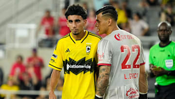 Toluca FC goalkeeper Luis Garcia (22) has words with Columbus Crew midfielder Taha Habroune (16) after Habroune scored a goal during a penalty kick shootout following the second half of the Leagues Cup match against Toluca FC at Lower.com Field in Columbus on July 29, 2025. The Crew lost 4-2 in penalty kicks after a 2-2 draw in regulation.