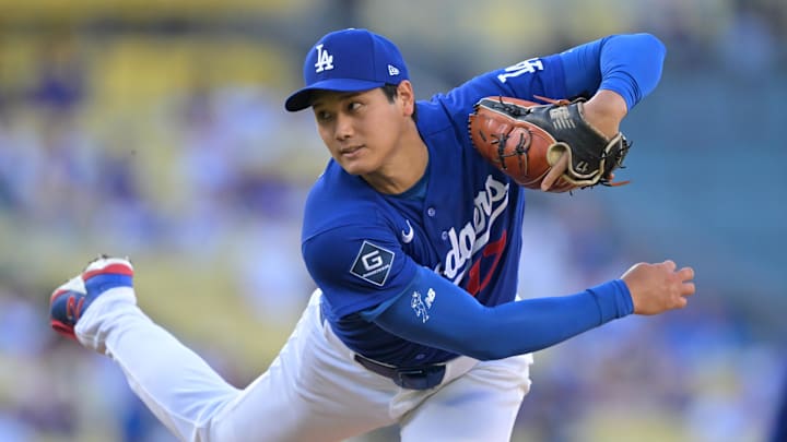 Mar 24, 2026; Los Angeles, California, USA;  Los Angeles Dodgers two-way player Shohei Ohtani (17) delivers to the plate in the second inning against the Los Angeles Angels at Dodger Stadium. Mandatory Credit: Jayne Kamin-Oncea-Imagn Images