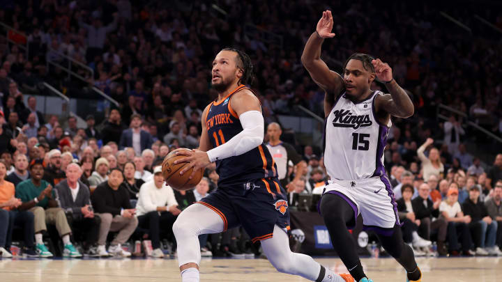 Apr 4, 2024; New York, New York, USA; New York Knicks guard Jalen Brunson (11) drives to the basket Apr 4, 2024; New York, New York, USA; New York Knicks guard Jalen Brunson (11) drives to the basket