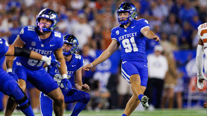 Oct 18, 2025; Lexington, Kentucky, USA; Kentucky Wildcats kicker Jacob Kauwe (91) attempts a field goal during the second quarter against the Texas Longhorns at Kroger Field. Mandatory Credit: Jordan Prather-Imagn Images