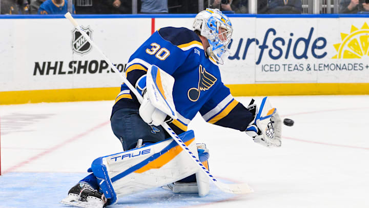 Apr 7, 2026; St. Louis, Missouri, USA; St. Louis Blues goaltender Joel Hofer (30) defends the net against the Colorado Avalanche during the first period at Enterprise Center. Mandatory Credit: Jeff Curry-Imagn Images