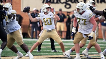 Sep 27, 2025; Winston-Salem, North Carolina, USA;  Georgia Tech Yellow Jackets quarterback Haynes King (10) throws a pass during the fourth quarter against the Wake Forest Demon Deacons at Allegacy Federal Credit Union Stadium. Mandatory Credit: Zachary Taft-Imagn Images