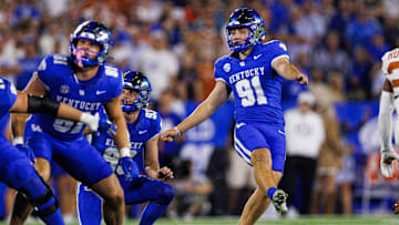 Oct 18, 2025; Lexington, Kentucky, USA; Kentucky Wildcats kicker Jacob Kauwe (91) attempts a field goal during the second quarter against the Texas Longhorns at Kroger Field. Mandatory Credit: Jordan Prather-Imagn Images