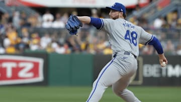 Sep 13, 2024; Pittsburgh, Pennsylvania, USA;  Kansas City Royals starting pitcher Alec Marsh (48) delivers a pitch against the Pittsburgh Pirates during the first inning at PNC Park. Mandatory Credit: Charles LeClaire-Imagn Images