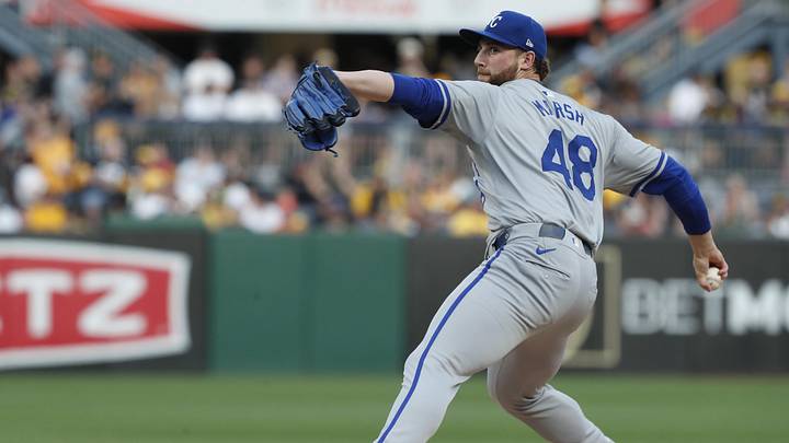 Sep 13, 2024; Pittsburgh, Pennsylvania, USA;  Kansas City Royals starting pitcher Alec Marsh (48) delivers a pitch against the Pittsburgh Pirates during the first inning at PNC Park. Mandatory Credit: Charles LeClaire-Imagn Images