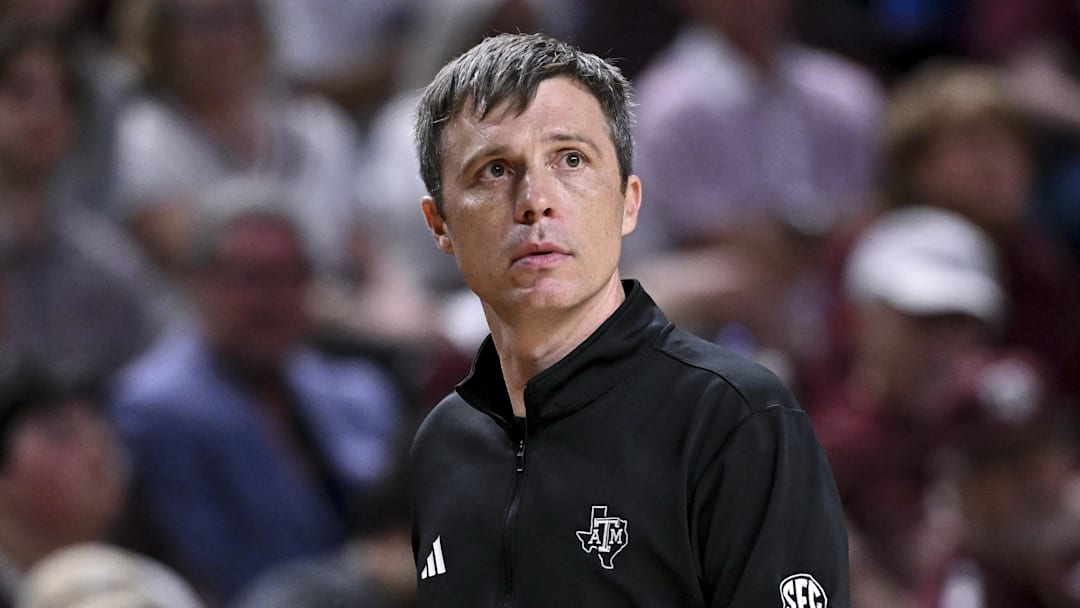 Mar 3, 2026; College Station, Texas, USA; Texas A&M Aggies head coach Bucky McMillan looks on during the second half against the Kentucky Wildcats at Reed Arena. Mandatory Credit: Maria Lysaker-Imagn Images 