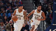 Oct 30, 2024; San Francisco, California, USA;  New Orleans Pelicans guard Brandon Boston Jr. (11) and New Orleans Pelicans forward Jeremiah Robinson-Earl (50) sprint upcourt against the Golden State Warriors in the second quarter at Chase Center. Mandatory Credit: David Gonzales-Imagn Images