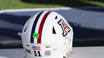 Oct 12, 2024; Provo, Utah, USA; A general view of the helmet worn by Arizona Wildcats quarterback Noah Fifita (11) during the game against the Brigham Young Cougars at LaVell Edwards Stadium. Mandatory Credit: Rob Gray-Imagn Images