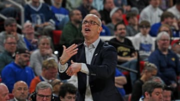 Mar 23, 2025; Raleigh, NC, USA; Connecticut Huskies head coach Dan Hurley reacts during the second half against the Connecticut Huskies in the second round of the NCAA Tournament at Lenovo Center. Mandatory Credit: Zachary Taft-Imagn Images