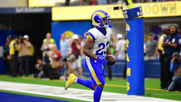 Sep 22, 2024; Inglewood, California, USA; Los Angeles Rams running back Kyren Williams (23) celebrates his touchdown scored against the San Francisco 49ers during the second half at SoFi Stadium. Mandatory Credit: Gary A. Vasquez-Imagn Images