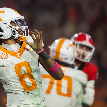 Nov 16, 2024; Athens, Georgia, USA; Tennessee Volunteers quarterback Nico Iamaleava (8) throws a pass against the Georgia Bulldogs in the fourth quarter at Sanford Stadium. Mandatory Credit: Brett Davis-Imagn Images