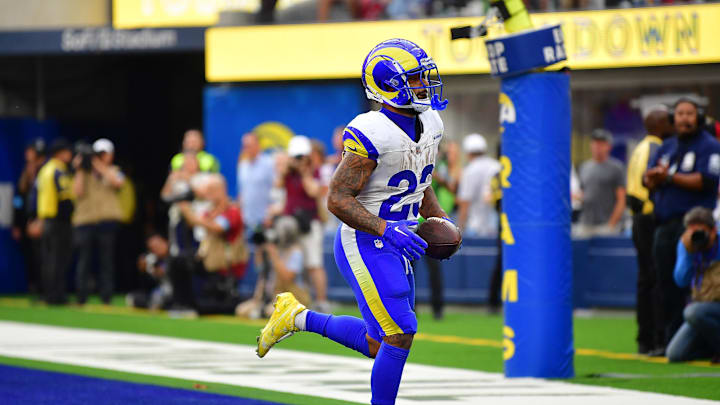Sep 22, 2024; Inglewood, California, USA; Los Angeles Rams running back Kyren Williams (23) celebrates his touchdown scored against the San Francisco 49ers during the second half at SoFi Stadium. Mandatory Credit: Gary A. Vasquez-Imagn Images