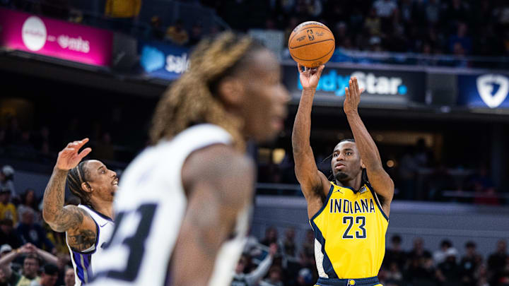 Indiana Pacers forward Aaron Nesmith shoots the ball. Indiana Pacers forward Aaron Nesmith shoots the ball.