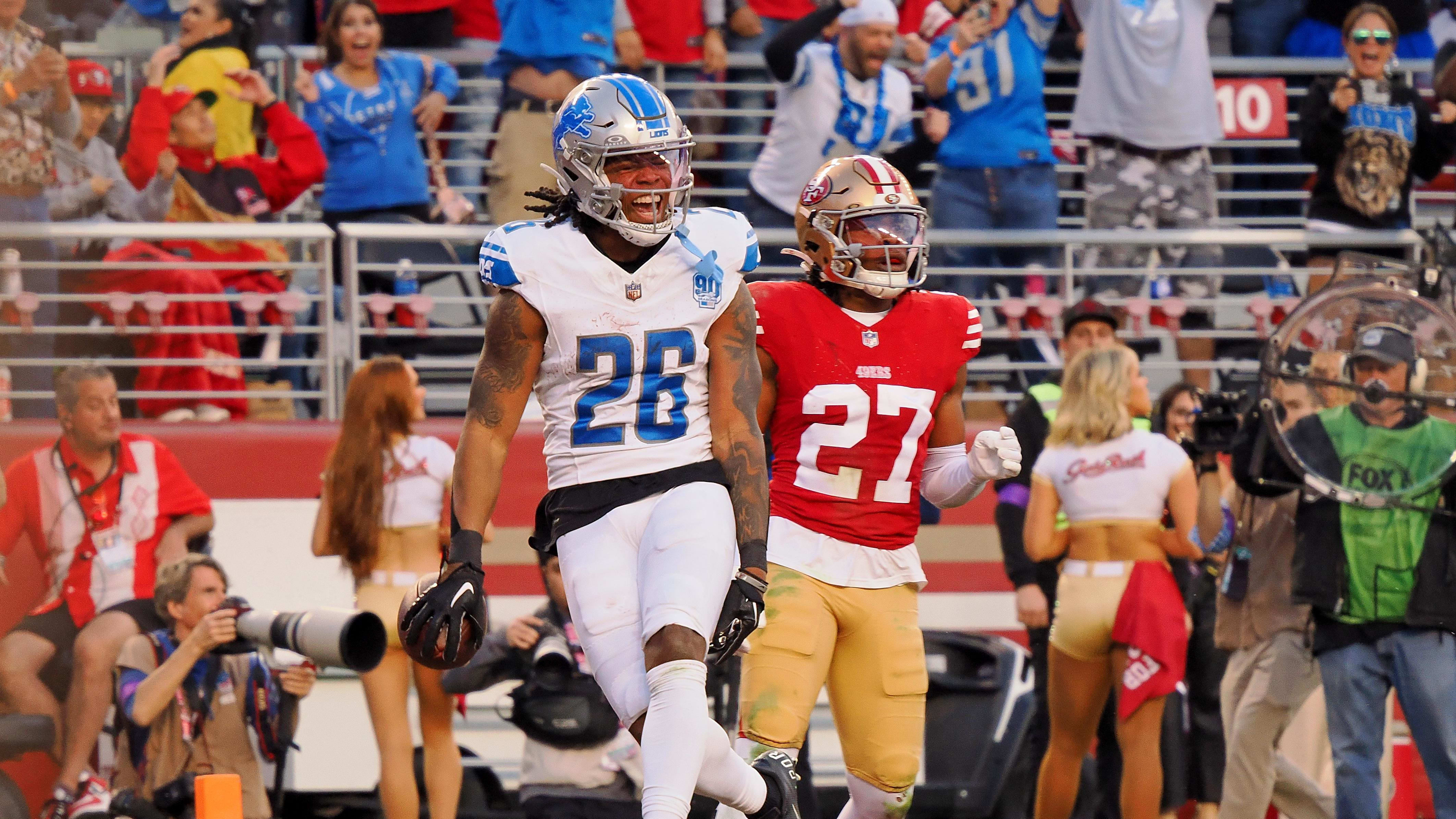 Jan 28, 2024; Santa Clara, California, USA; Detroit Lions running back Jahmyr Gibbs (26) celebrates a touchdown.