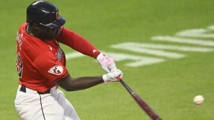 Aug 13, 2024; Cleveland, Ohio, USA; Cleveland Guardians right fielder Jhonkensy Noel (43) hits a solo home run in the sixth inning against the Chicago Cubs at Progressive Field. Mandatory Credit: David Richard-USA TODAY Sports