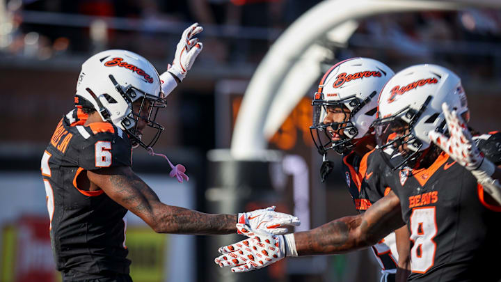 Oregon State Beavers wide receiver David Wells Jr. (6) celebrates a touchdown during the second half of the game against Idaho State on Saturday, Aug. 31, 2024 at Reser Stadium in Corvallis, Ore.