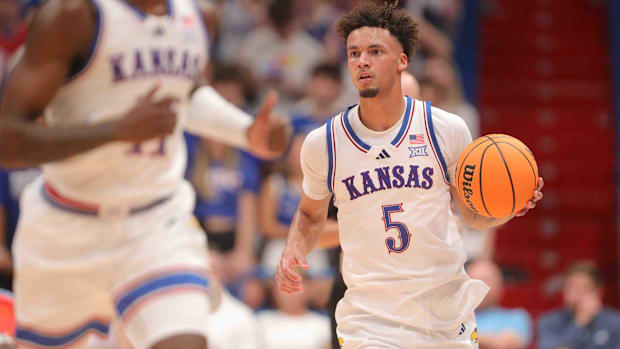 Kansas guard Zeke Mayo (5) had 19 points off the bench in the Jayhawks' season-opening win over Howard.
