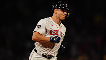 Former Boston Red Sox designated hitter Tyler O'Neill (17) hits a home run against the Baltimore Orioles in the eighth inning at Fenway Park.