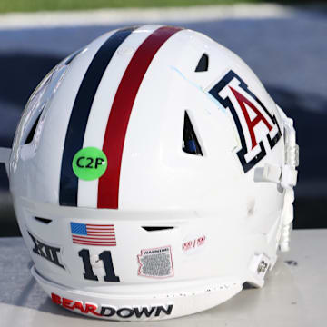 Oct 12, 2024; Provo, Utah, USA; A general view of the helmet worn by Arizona Wildcats quarterback Noah Fifita (11) during the game against the Brigham Young Cougars at LaVell Edwards Stadium. Mandatory Credit: Rob Gray-Imagn Images