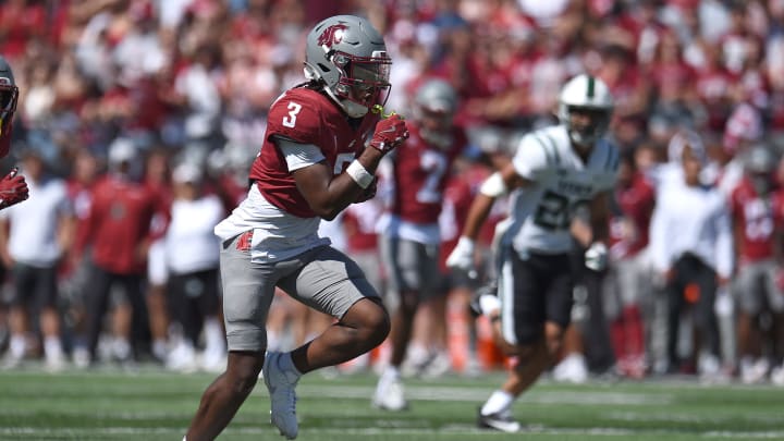 Aug 31, 2024; Pullman, Washington, USA; Washington State Cougars wide receiver Tre Shackelford (3) carries the ball for a touchdown against the Portland State Vikings in the first half at Gesa Field at Martin Stadium. Mandatory Credit: James Snook-USA TODAY Sports