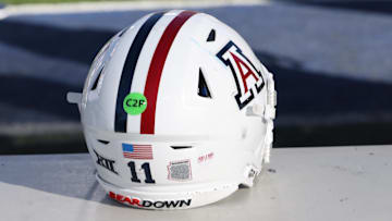 Oct 12, 2024; Provo, Utah, USA; A general view of the helmet worn by Arizona Wildcats quarterback Noah Fifita (11) during the game against the Brigham Young Cougars at LaVell Edwards Stadium.
