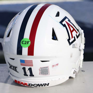 Oct 12, 2024; Provo, Utah, USA; A general view of the helmet worn by Arizona Wildcats quarterback Noah Fifita (11) during the game against the Brigham Young Cougars at LaVell Edwards Stadium. Mandatory Credit: Rob Gray-Imagn Images