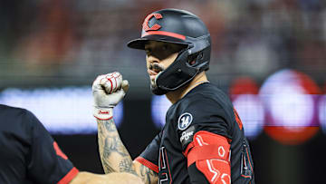 Aug 29, 2025; Cincinnati, Ohio, USA; Cincinnati Reds catcher Will Banfield (49) reacts after hitting a single in the ninth inning against the St. Louis Cardinals at Great American Ball Park. Mandatory Credit: Katie Stratman-Imagn Images