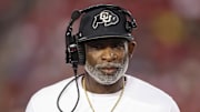 Sep 12, 2025; Houston, Texas, USA; Colorado Buffaloes head coach Deion Sanders looks on from the sideline during the first half against the Houston Cougars at TDECU Stadium. Mandatory Credit: Troy Taormina-Imagn Images
