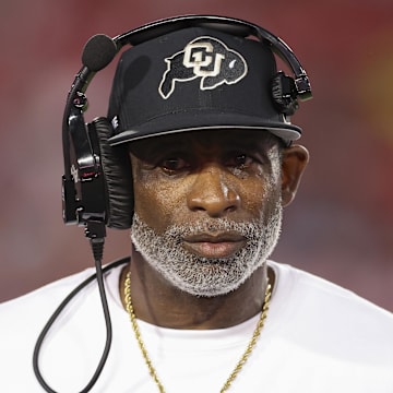 Sep 12, 2025; Houston, Texas, USA; Colorado Buffaloes head coach Deion Sanders looks on from the sideline during the first half against the Houston Cougars at TDECU Stadium. Mandatory Credit: Troy Taormina-Imagn Images