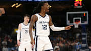 Dec 5, 2024; Memphis, Tennessee, USA; Memphis Grizzlies guard Ja Morant (12) reacts after a foul call toward an official, resulting in a technical foul, during the fourth quarter against the Sacramento Kings at FedExForum. Mandatory Credit: Petre Thomas-Imagn Images