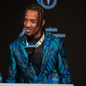 Newly acquired cornerback for the Tennessee Titans L'Jarius Sneed fields questions at his press conference at Ascension Saint Thomas Sports Park Tuesday morning, April 2, 2024.